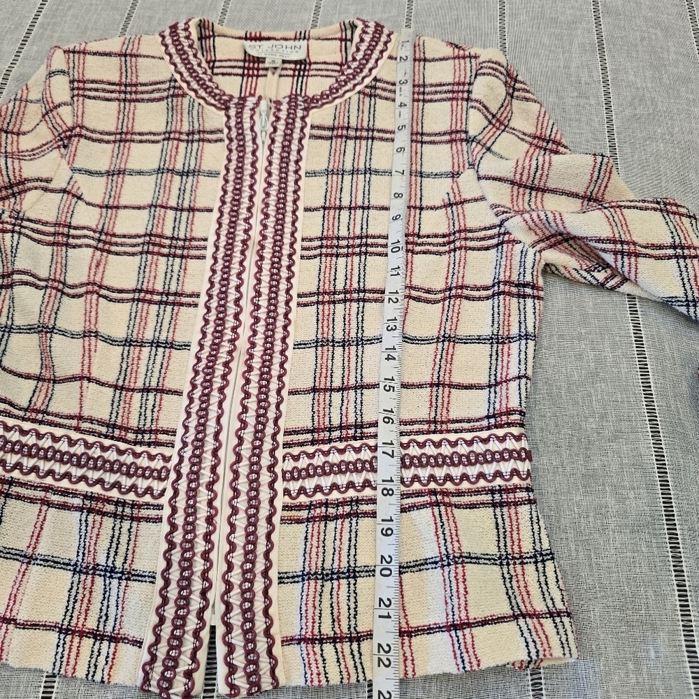St John Plaid Zip-Up Jacket Cardigan w/ Woven Plaid  Accents | Size: 10 Vintage - Picture 5 of 10
